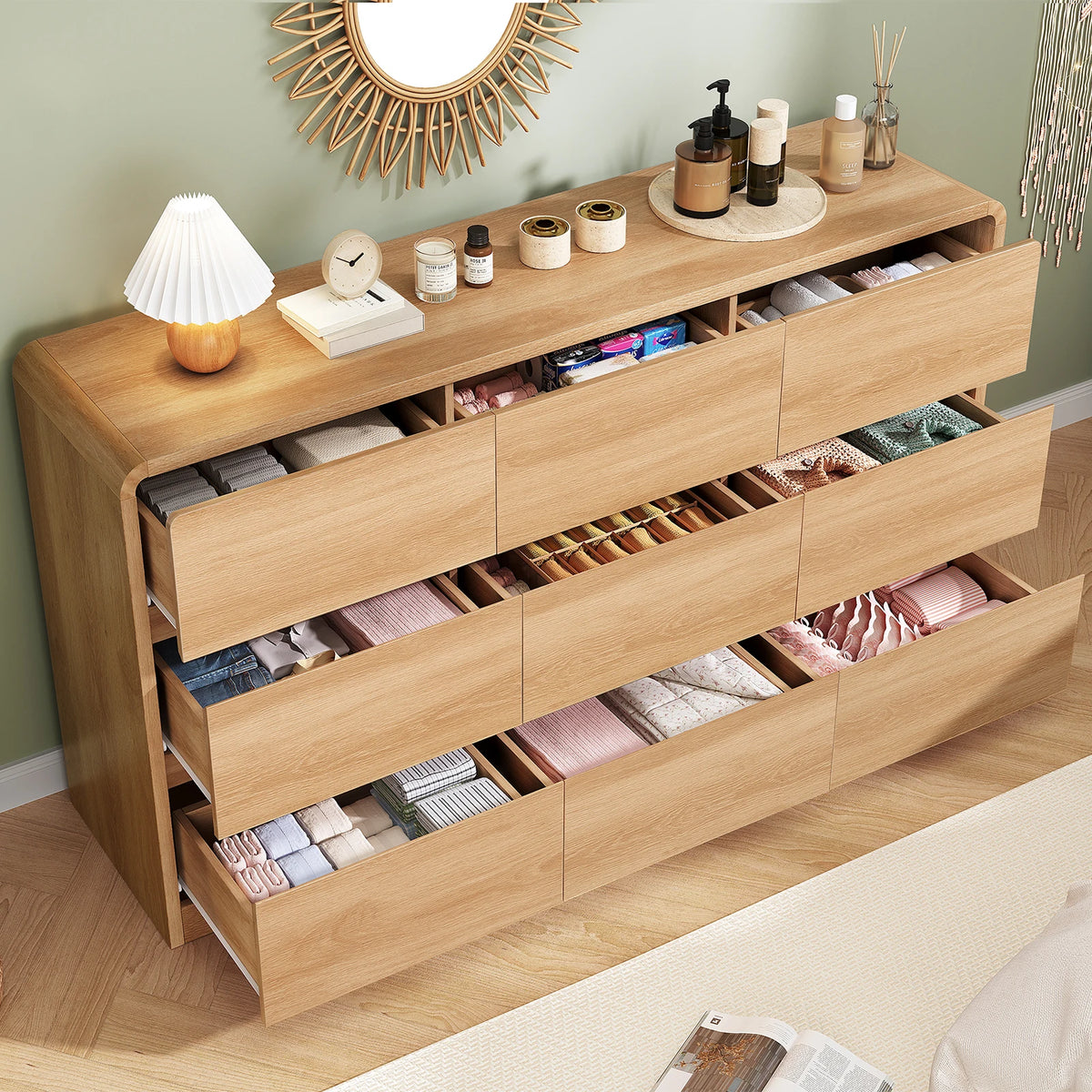 Modern Nine Drawer Wooden Bedroom Dresser With Curved Profile Design