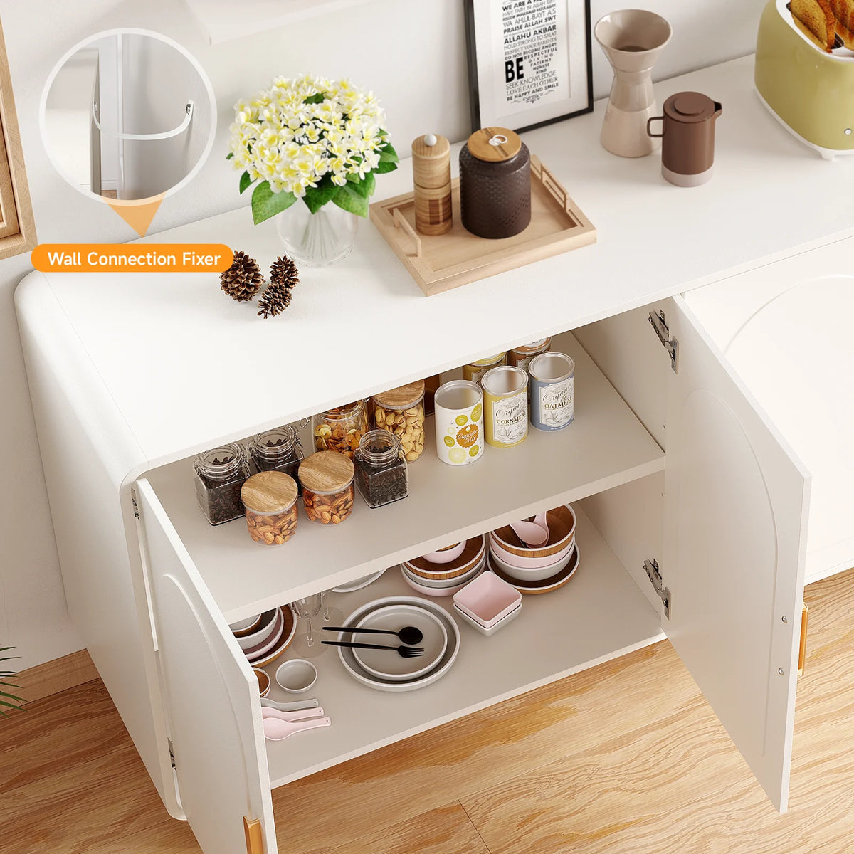 60" Sideboard Buffet Cabinet with Storage, Curved Design Cabinet with 4 Doors & Adjustable Shelves Modern Console Table