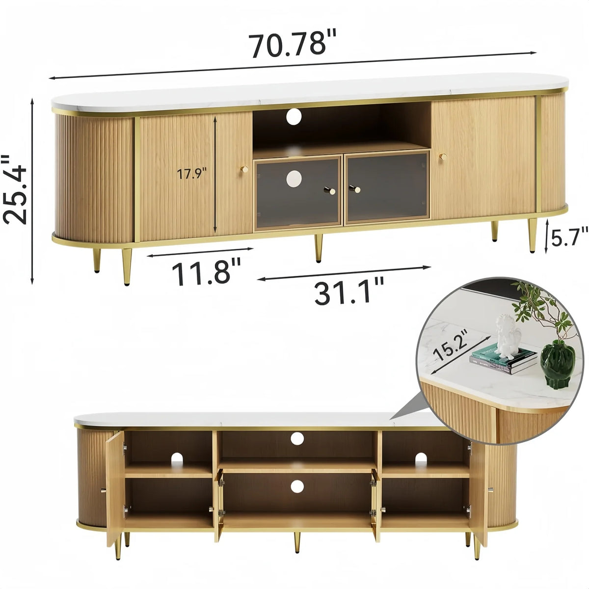 AOXUN Fluted TV Stand With Glass Doors And Spacious Storage