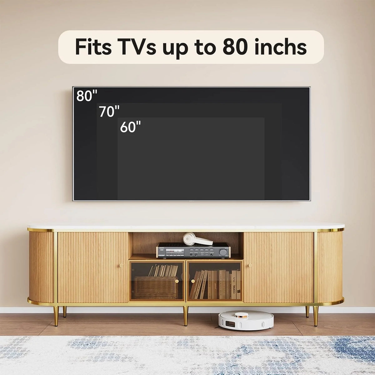 AOXUN Fluted TV Stand With Glass Doors And Spacious Storage