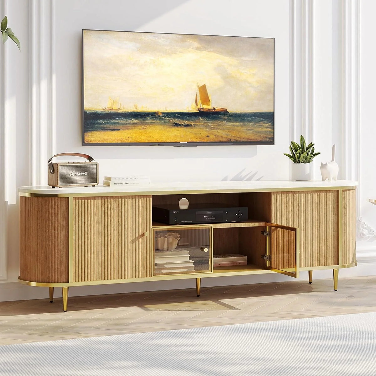AOXUN Fluted TV Stand With Glass Doors And Spacious Storage