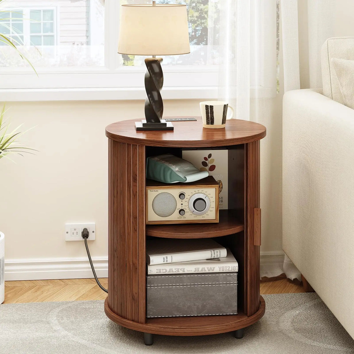 ONBRILL Fluted Round End Table With Storage For Bedroom malembe