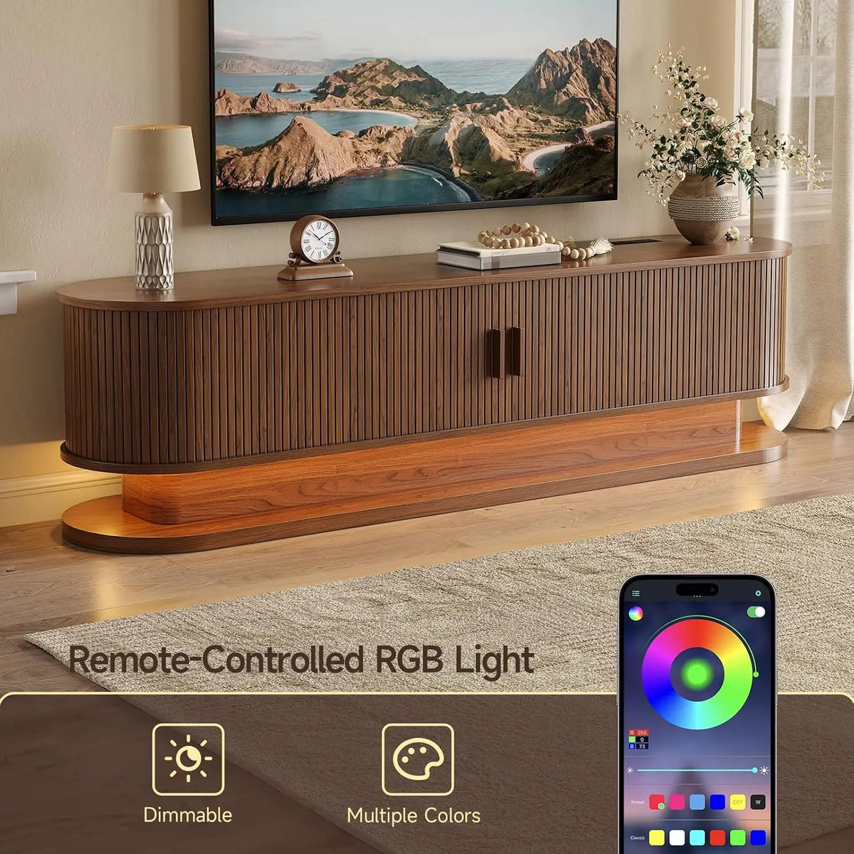 ONBRILL Modern TV Stand with LED Lights and Power Outlet