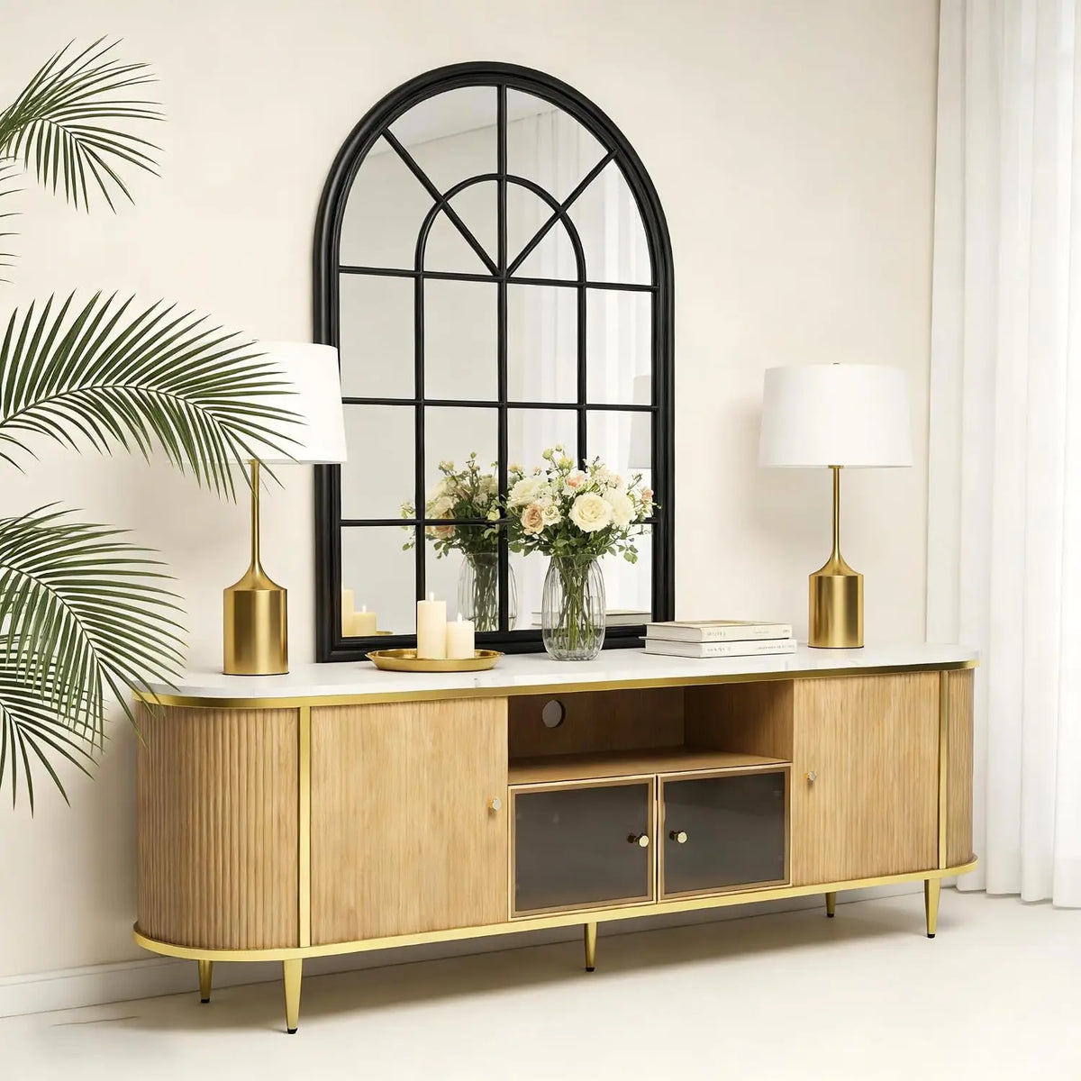 AOXUN Fluted TV Stand With Glass Doors And Spacious Storage