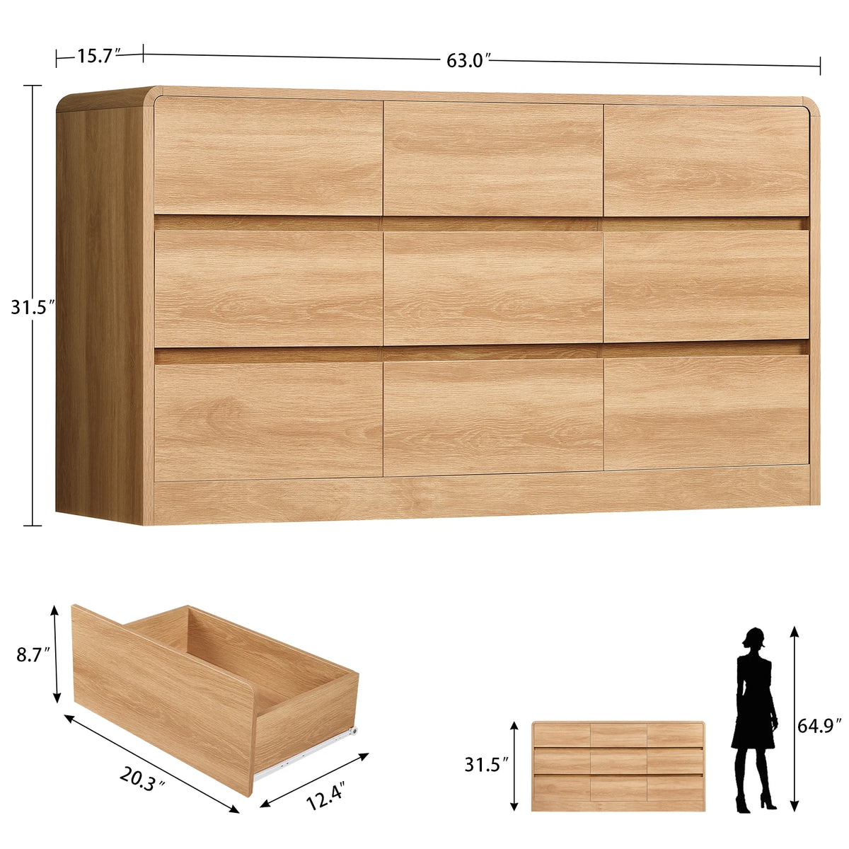 Modern Nine Drawer Wooden Bedroom Dresser With Curved Profile Design