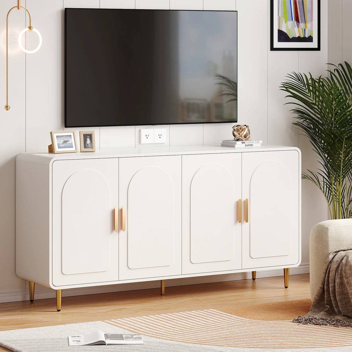 60" Sideboard Buffet Cabinet with Storage, Curved Design Cabinet with 4 Doors & Adjustable Shelves Modern Console Table