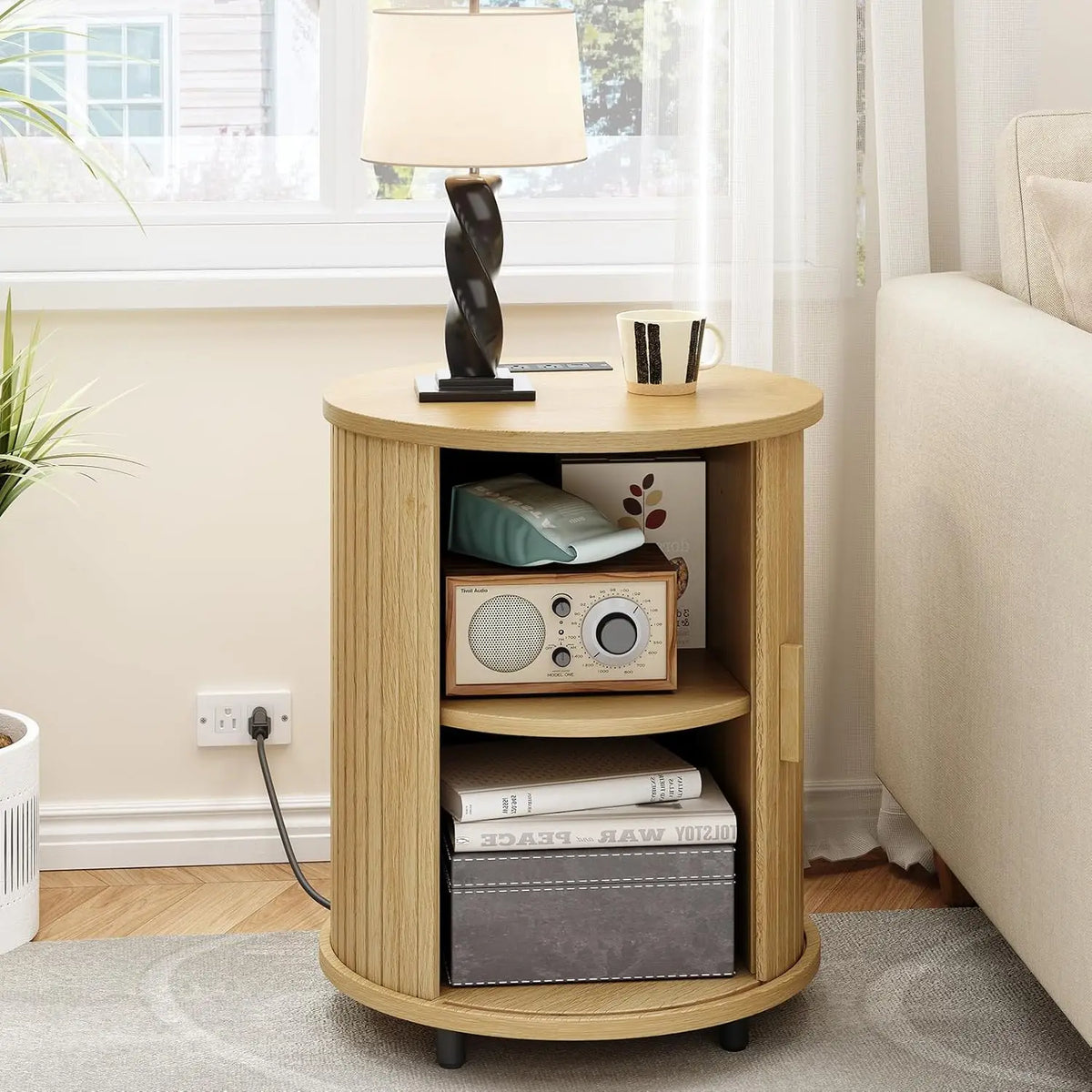 ONBRILL Fluted Round End Table With Storage For Bedroom malembe