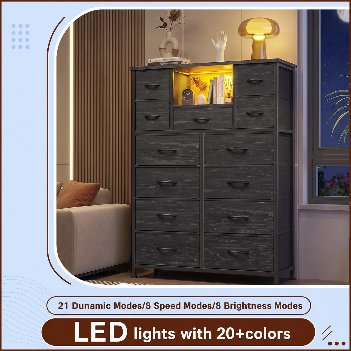 EnHomee Fabric Dresser With LED Lights And Charging Hub Organizer