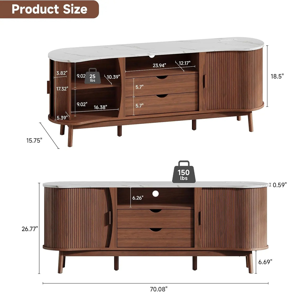 ONBRILL Fluted TV Stand With LED Lighting, USB And Storage