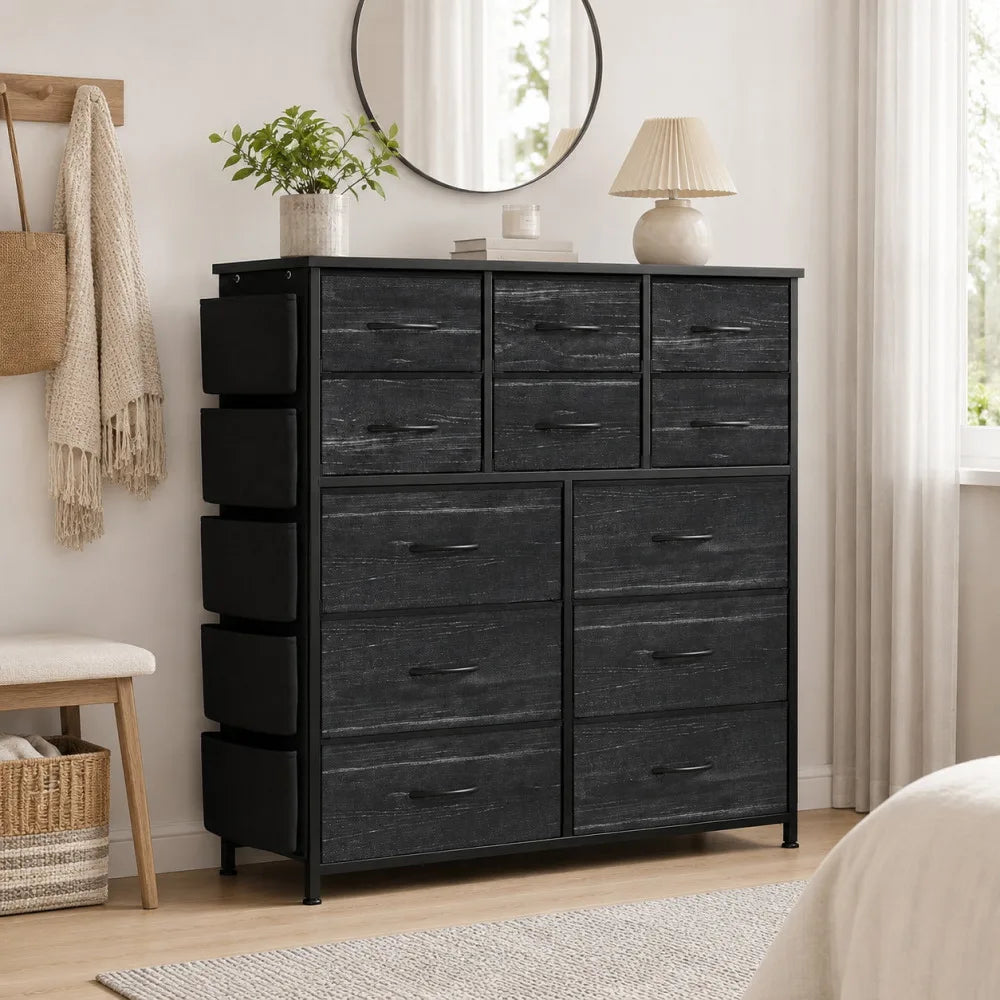 ANIXOL 12 Drawer Fabric Dresser With Wood Top Steel Frame
