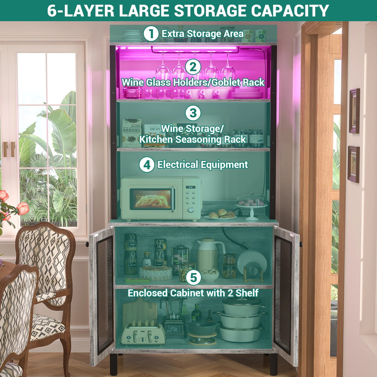 Aheaplus Bar Cabinet With LED Lights Glass Holder And Outlets