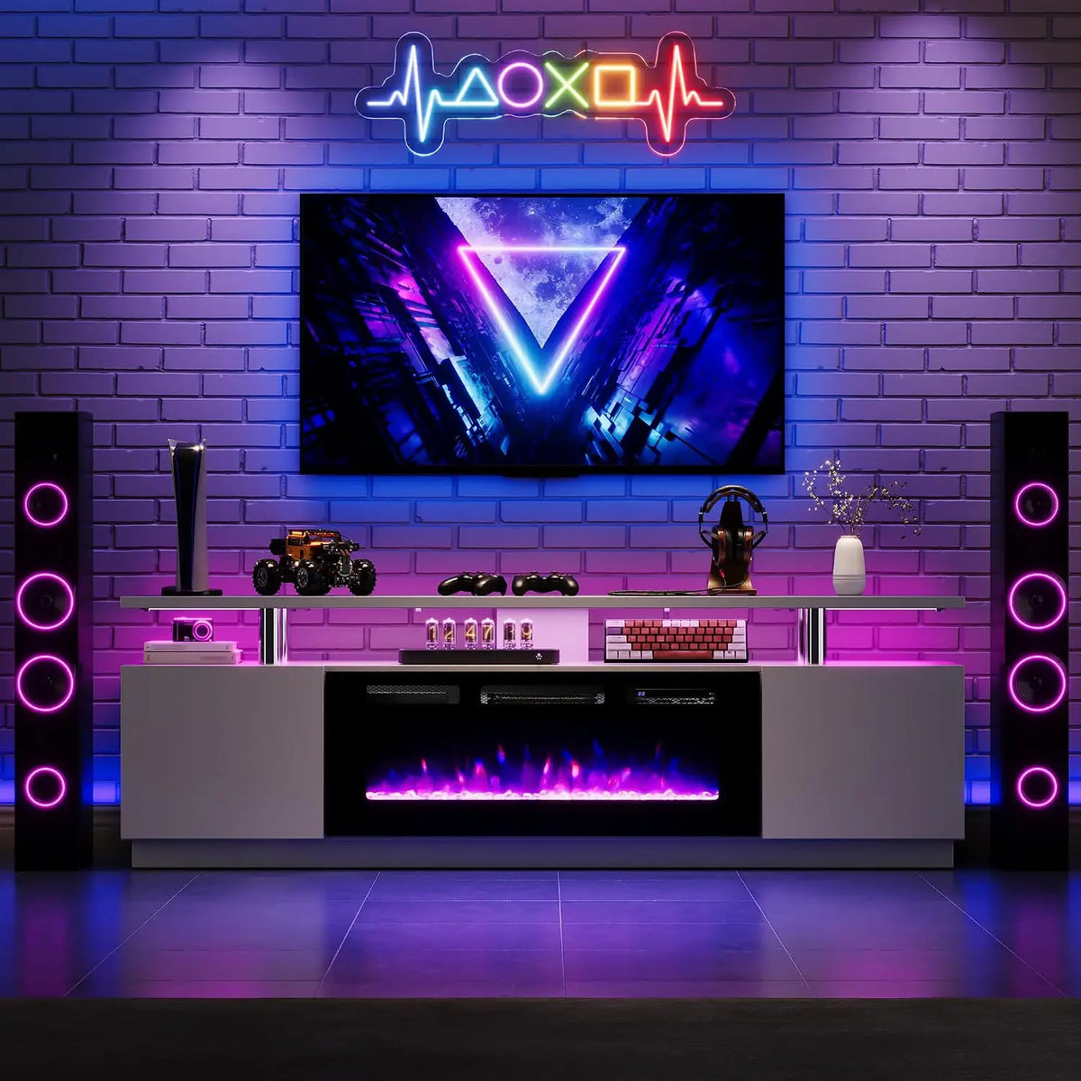 Modern Electric Fireplace TV Stand With Cabinets And Media Storage