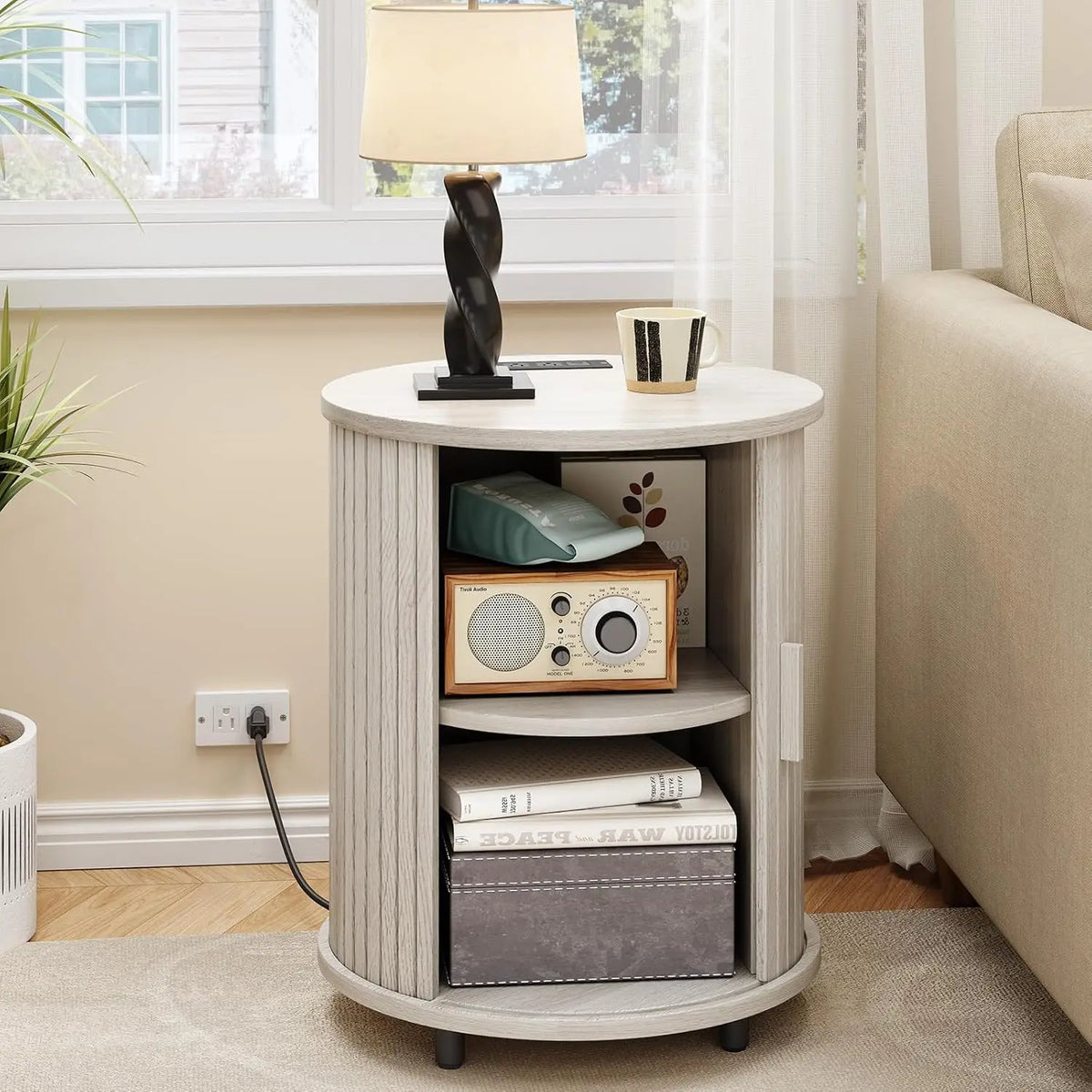 ONBRILL Fluted Round End Table With Storage For Bedroom malembe