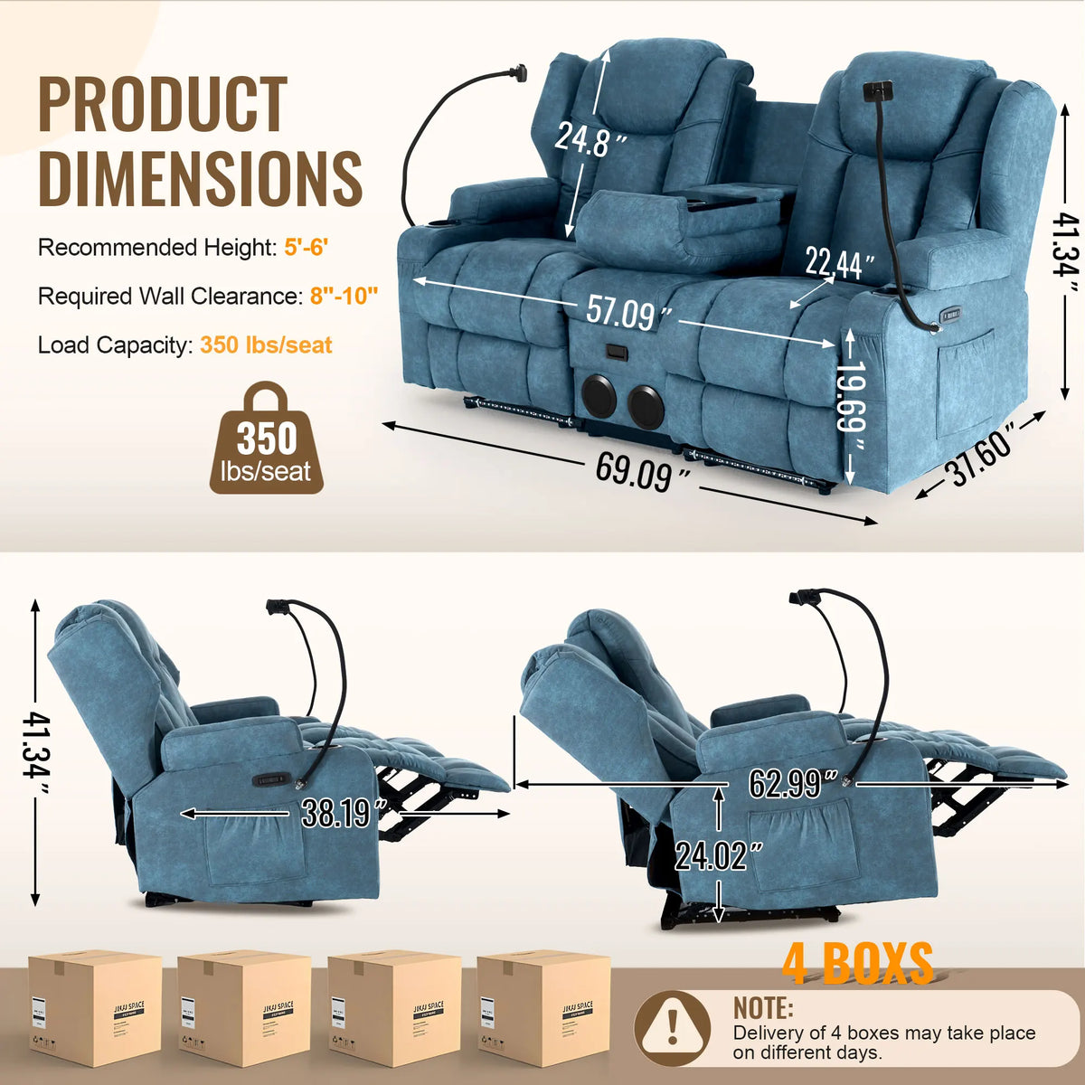 Redlife Loveseat Recliner Sofa with Console, Manual Pull Reclining Couch, Heating & Massage, USB & Power Outlet, Phone Holders, Bluetooth Speakers, Storage Drawer