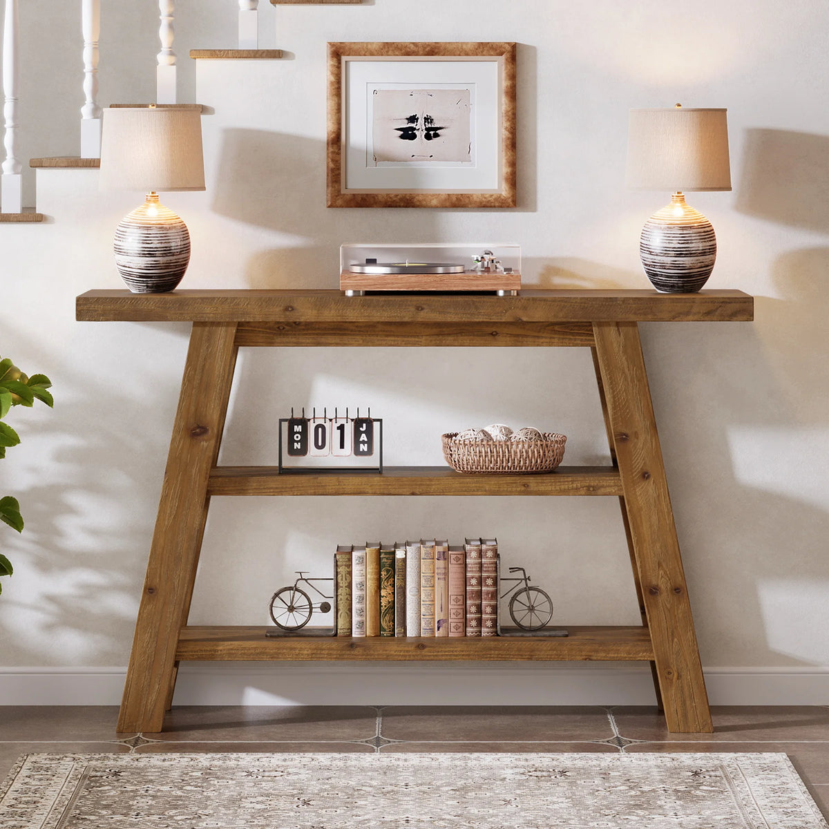 Tribesigns Rustic Wood Console Table With Three Tier Storage Shelves