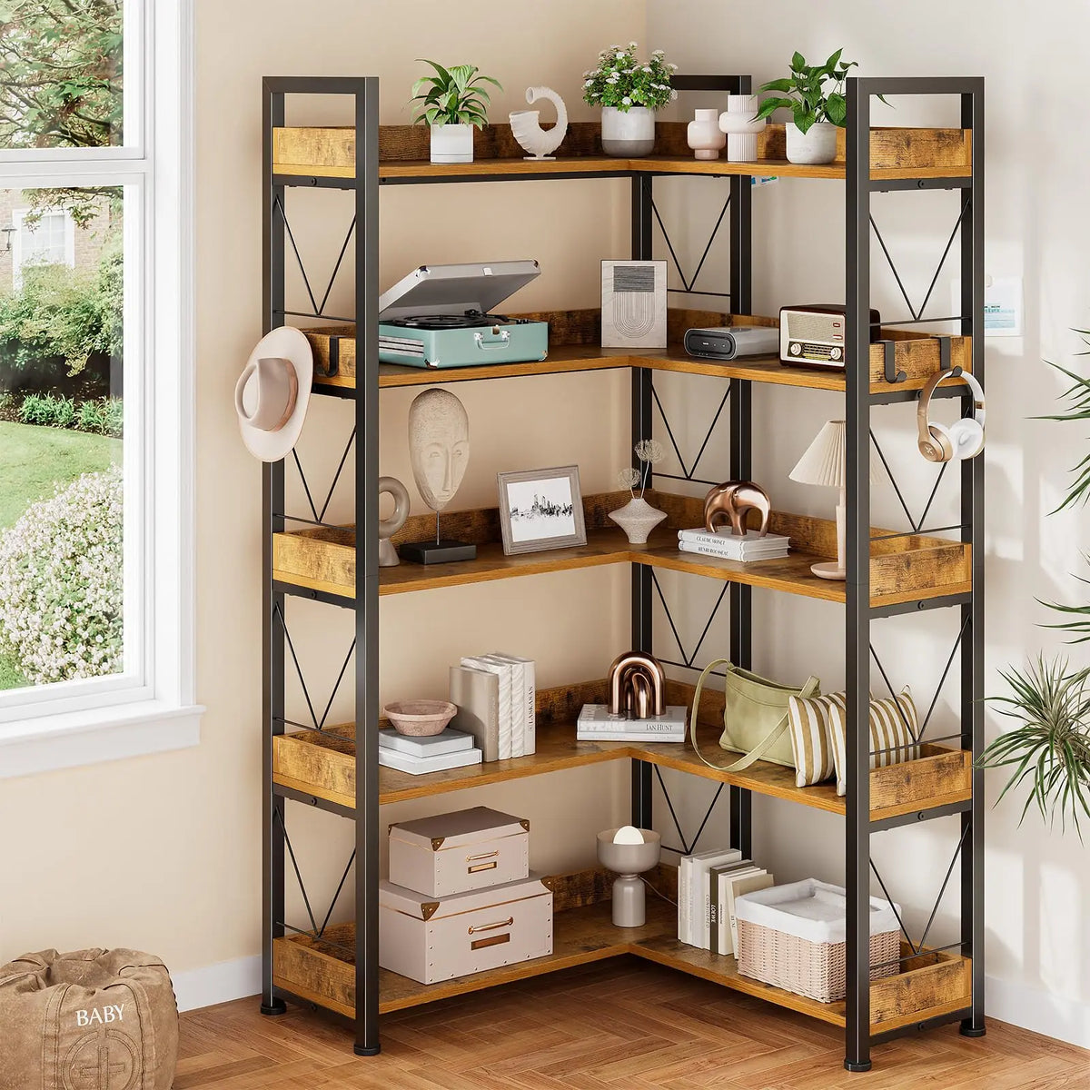 JHK L Shaped Five Tier Corner Bookshelf With Metal Frame
