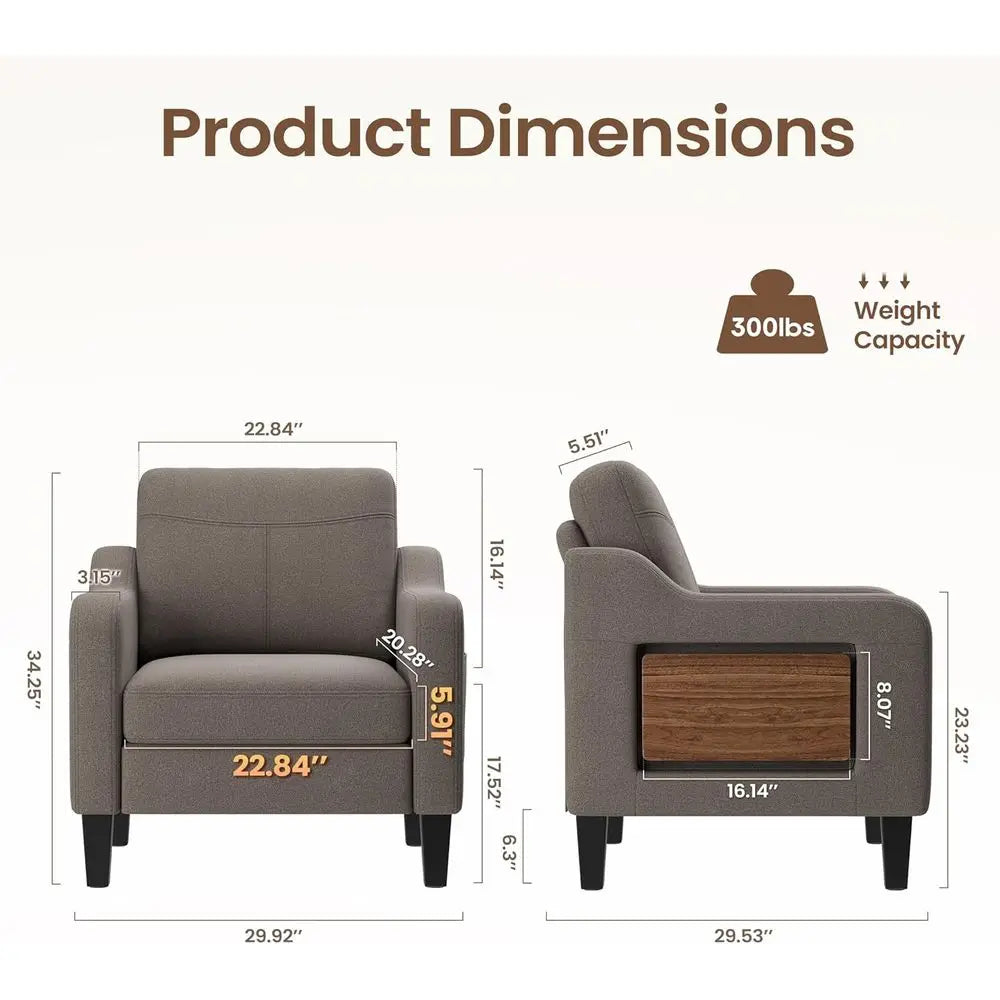 Linen Upholstered Armchair With Wooden Frame For Living Room