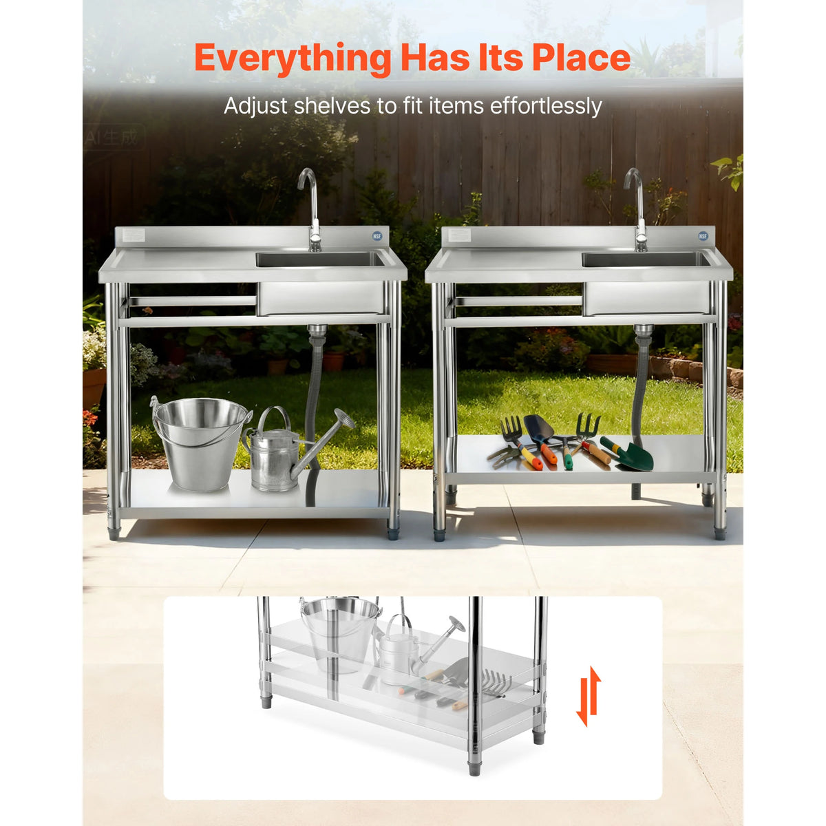 SucceBuy Stainless Steel Utility Sink 39.4/47 x 19.7 x 37 in Commercial Kitchen Sink with Hot & Cold Water Pipe for Restaurant