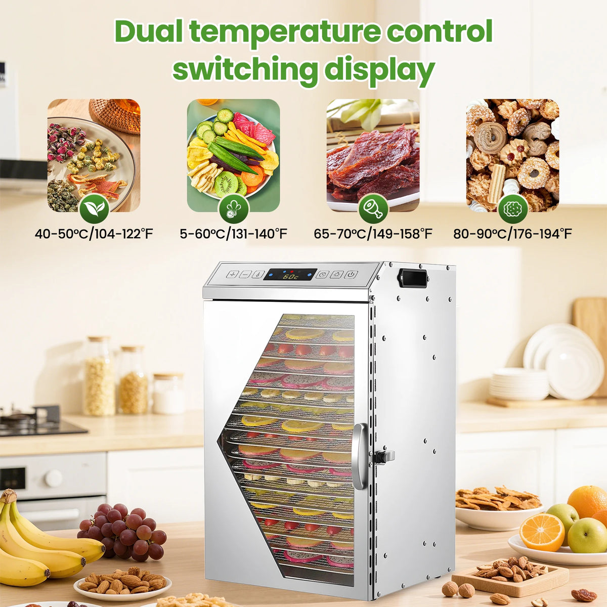 Commercial Food Dehydrator With Stainless Steel Interior And Dual Fans