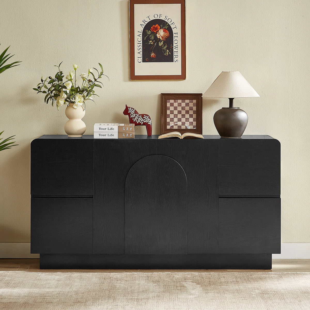 Black 60 Inch Sideboard with 4 Drawers, Curved Design Buffet Cabinet with Arched Doors & Adjustable Shelves, Mid Century Modern Accent Cabinet for Living Room, Dining Room, Entryway, Black