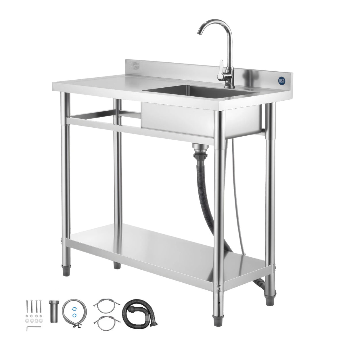 SucceBuy Stainless Steel Utility Sink 39.4/47 x 19.7 x 37 in Commercial Kitchen Sink with Hot & Cold Water Pipe for Restaurant