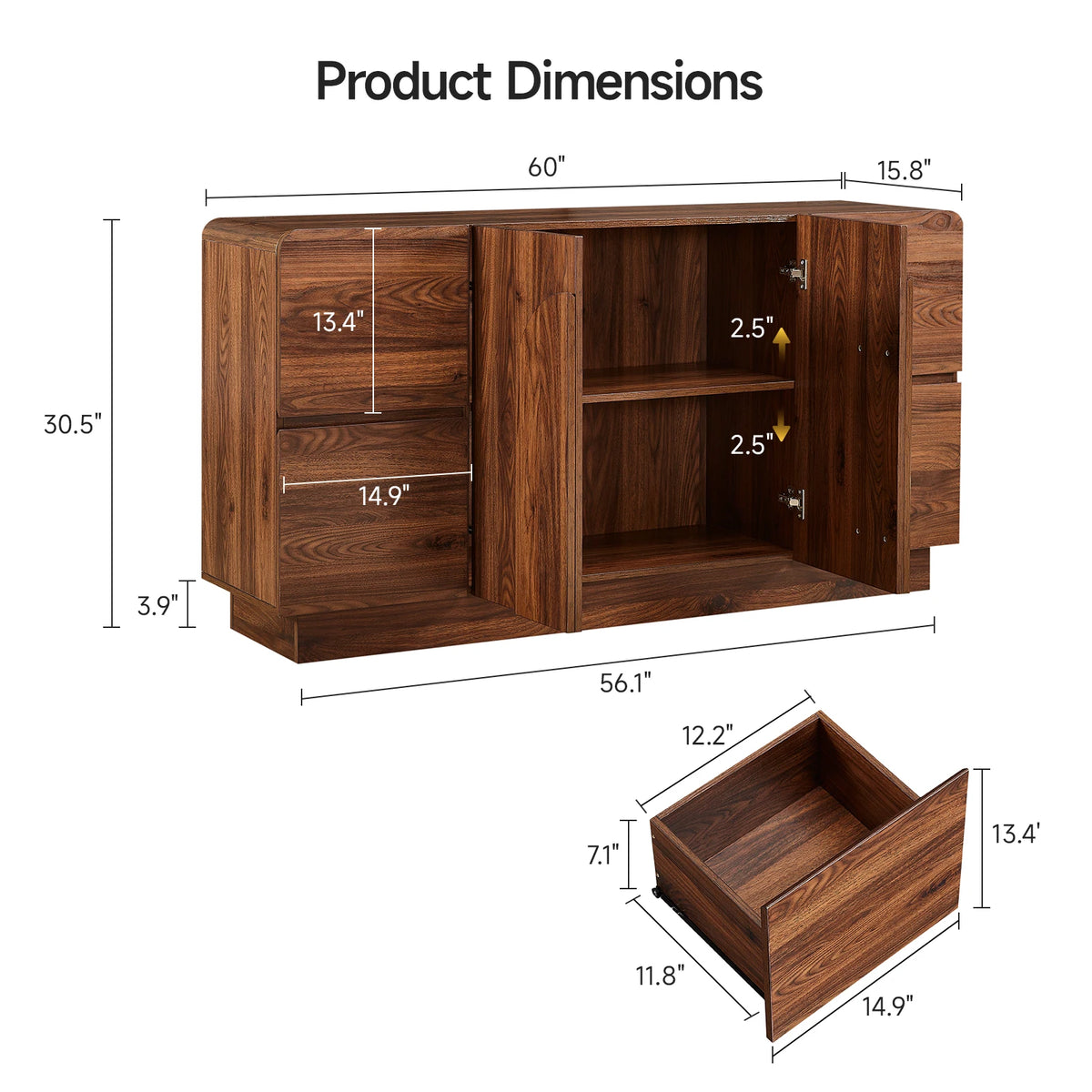 ONBRILL Modern Sideboard Cabinet With Drawers And Arched Doors