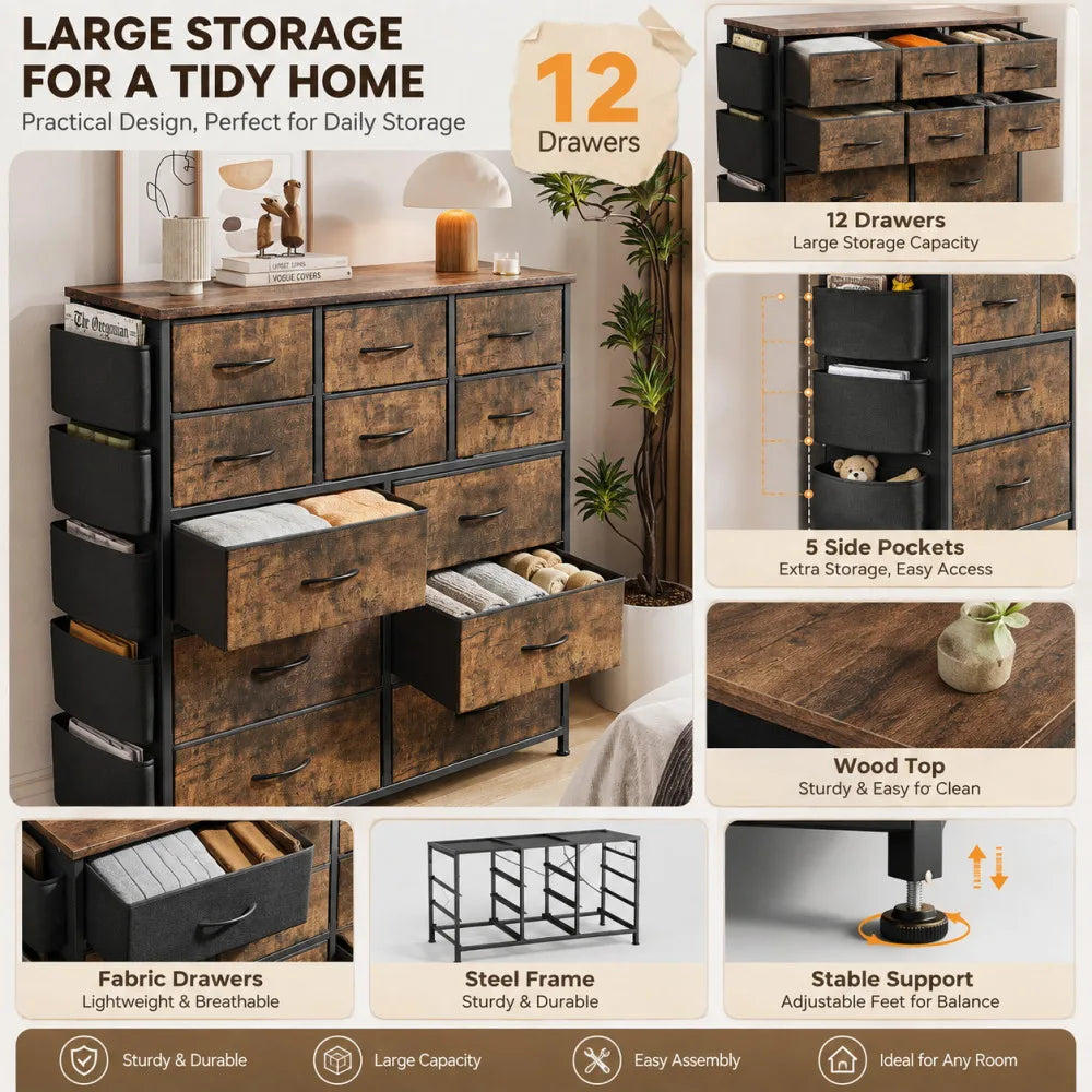 ANIXOL 12 Drawer Fabric Dresser With Wood Top Steel Frame