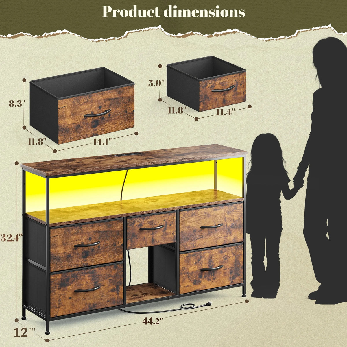 EnHomee Modern TV Console With LED Lights And Fabric Drawers