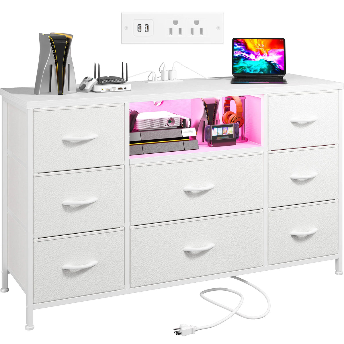 EnHomee 8-Drawer Media Dresser with LED Lighting & Built-in Charging Station - Fabric Storage Cabinet for 55" TVs, Ideal for Bedroom