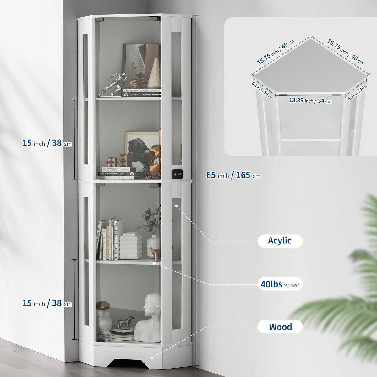 HiMISS Lighted Glass Corner Display Cabinet With Shelves