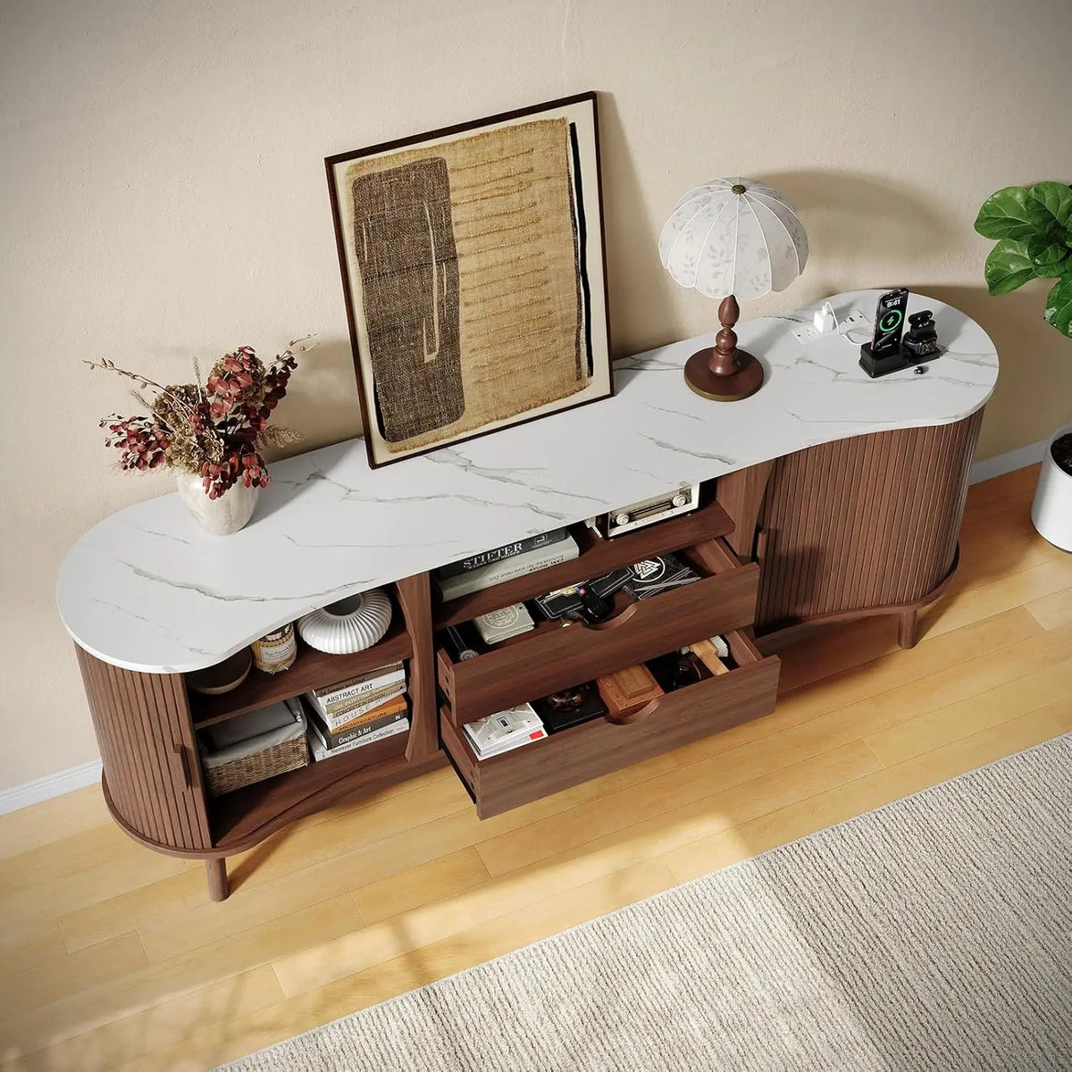 ONBRILL Fluted TV Stand With LED Lighting, USB And Storage