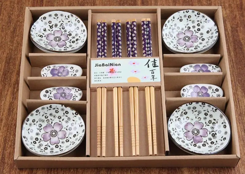 Japanese Style Cherry Blossom Ceramic Sushi Dishes Sashimi Soysauce Dish Dinnerware Set Tableware Set Gift Box (12Pcs/Set)