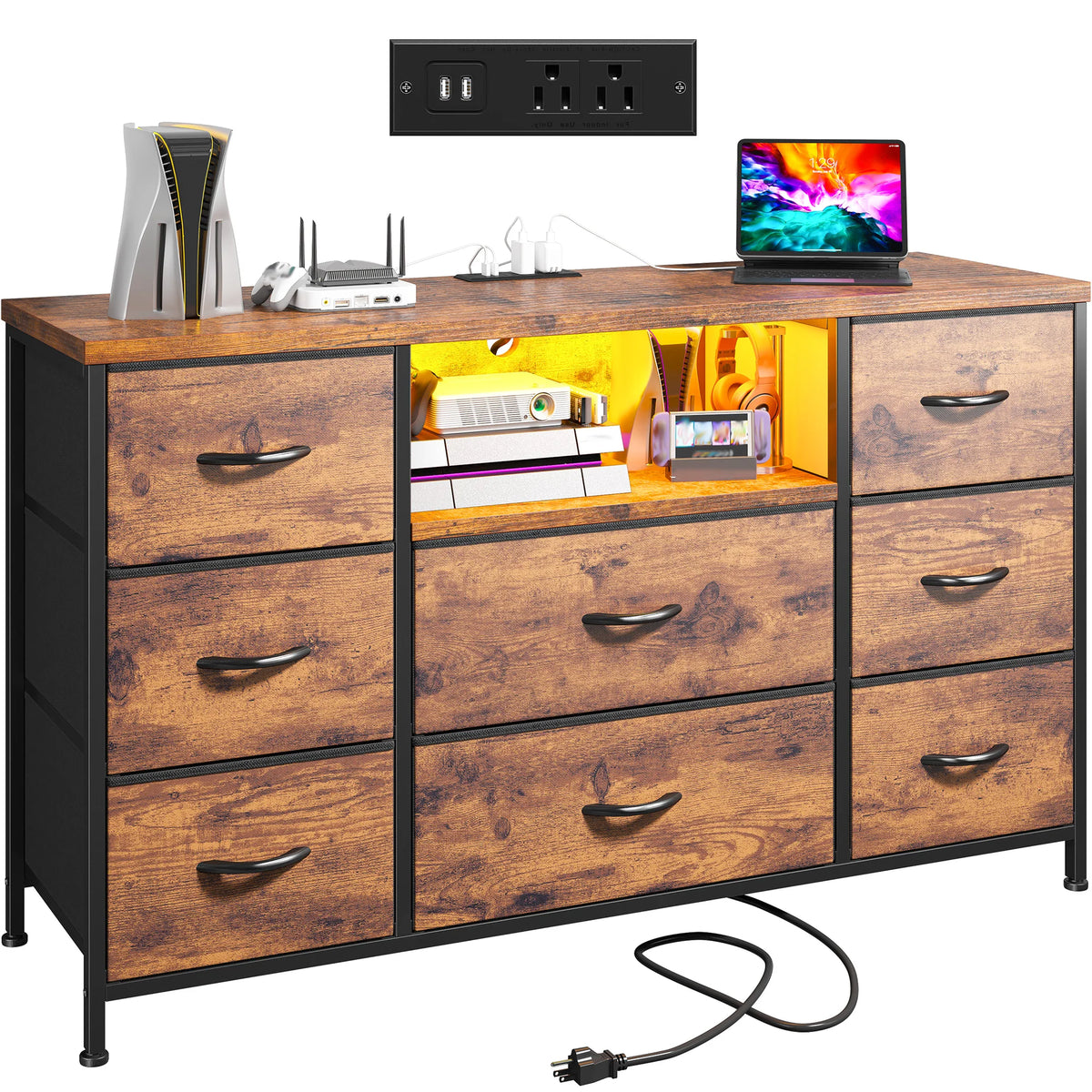 EnHomee 8-Drawer Media Dresser with LED Lighting & Built-in Charging Station - Fabric Storage Cabinet for 55" TVs, Ideal for Bedroom
