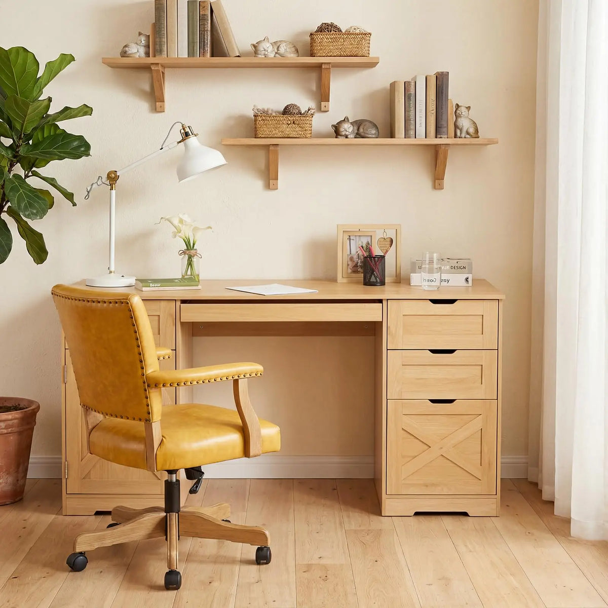 HiMISS Farmhouse Office Desk With Drawers And Charging Station