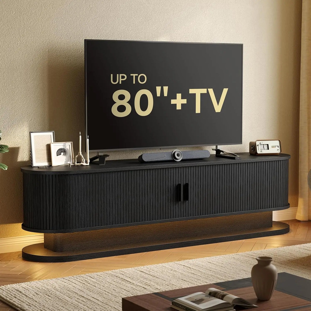 ONBRILL Modern TV Stand with LED Lights and Power Outlet