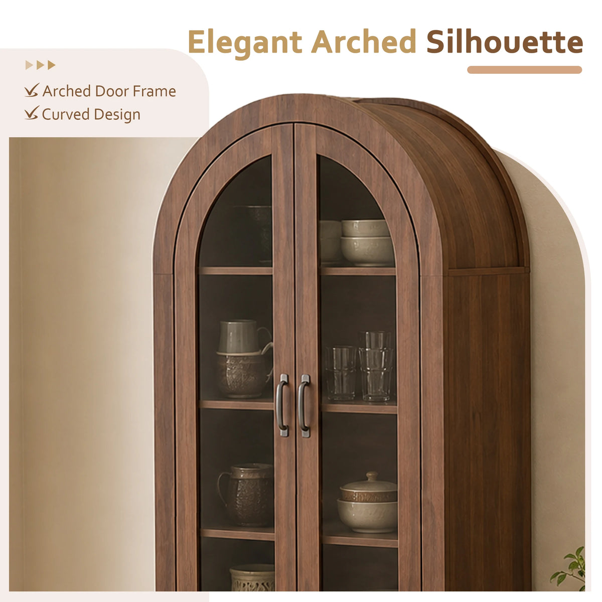 TCGBKAF Modern Farmhouse 68.9" Tall Arched Display Cabinet, Wooden Glass Door Pantry Cabinet with Adjustable Shelf for Living Room, Dining Room, Entryway Home Furniture