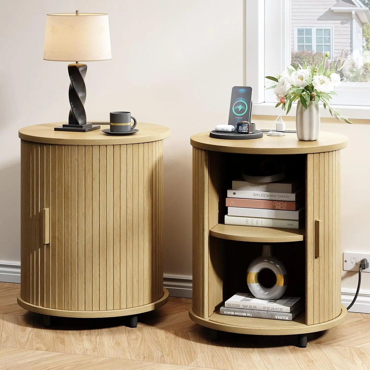 ONBRILL Fluted Round End Table With Storage For Bedroom malembe