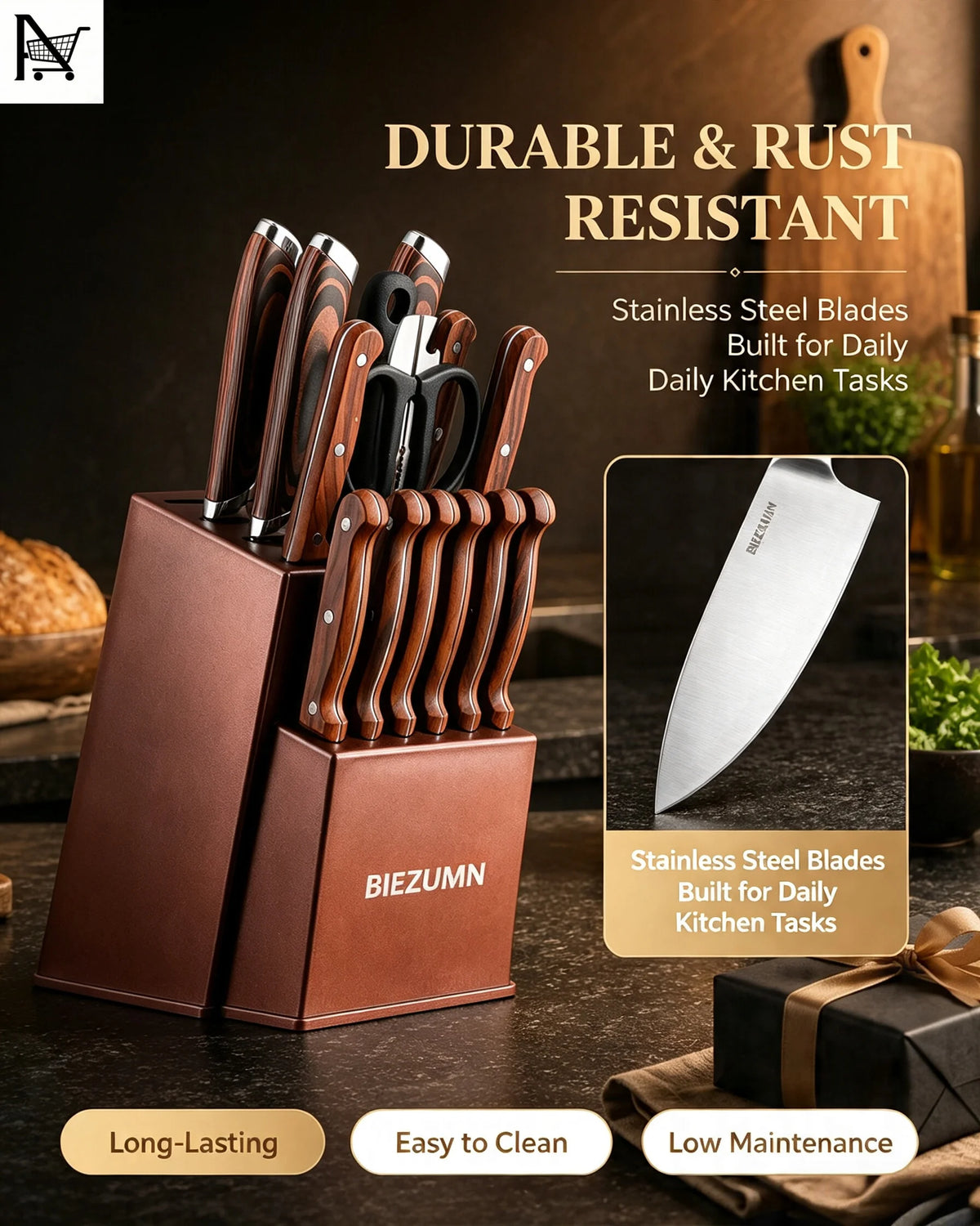 Professional Stainless Steel Kitchen Knife Set With Sharpener And Holder