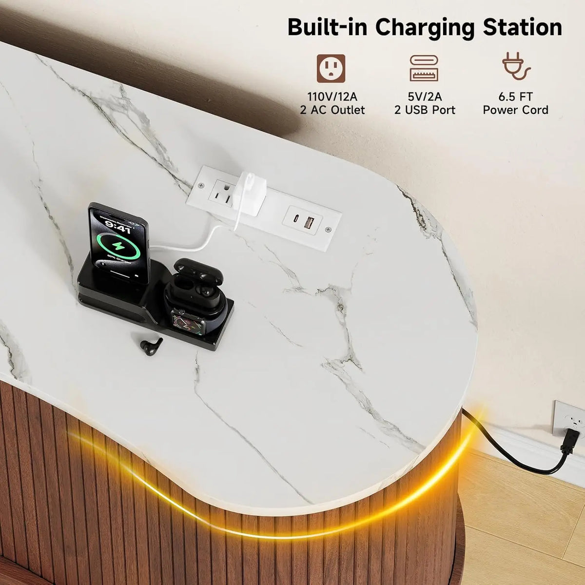 ONBRILL Fluted TV Stand With LED Lighting, USB And Storage
