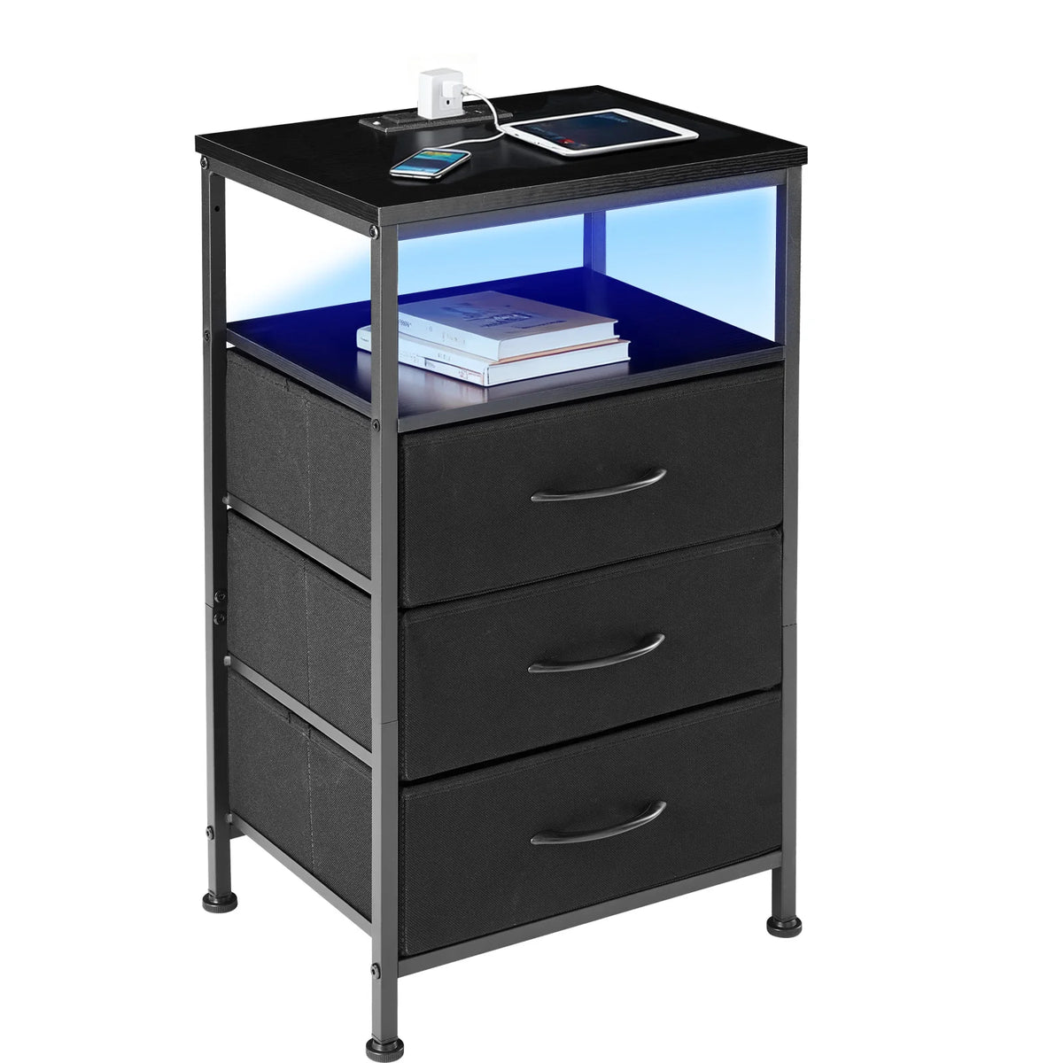 MCQ 3 Fabric Drawers Cabinets with Charging Station LED Light Strip Bedside End Table Storage Nightstand for Home Furniture