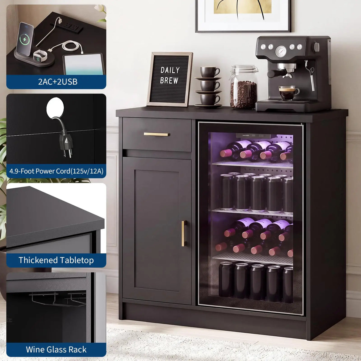 HiMISS Farmhouse Mini Fridge Wine Bar Cabinet With Storage