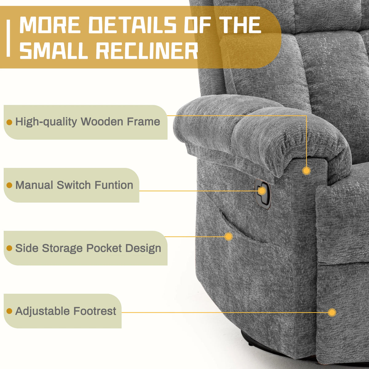 Korser Swivel Rocker Recliner Chair with Side Pockets Small Recliner for Small Spaces for Living Room, Nursery, Chenille