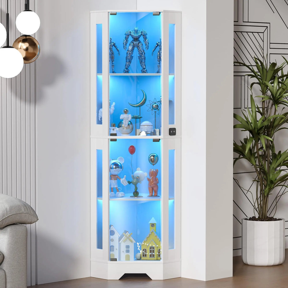 HiMISS Lighted Glass Corner Display Cabinet With Shelves