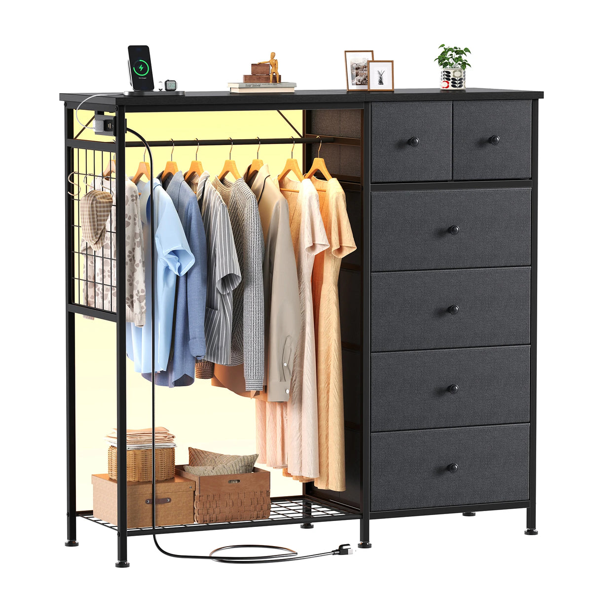 JHK Fabric Dresser With Hanging Rack And Charging Station