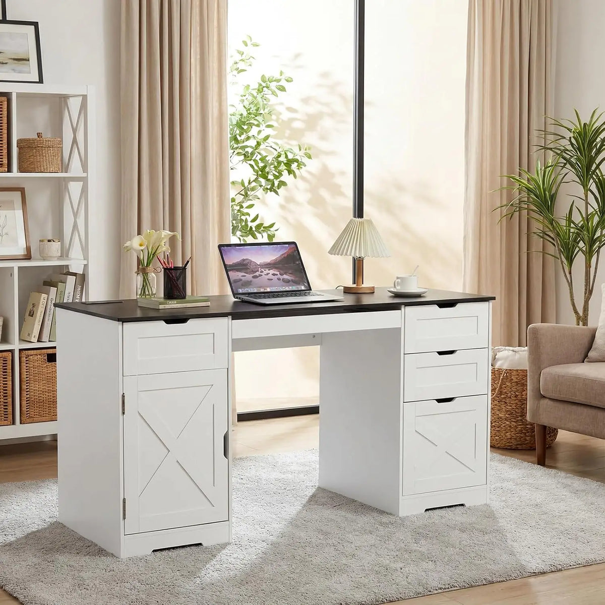 HiMISS Farmhouse Office Desk With Drawers And Charging Station