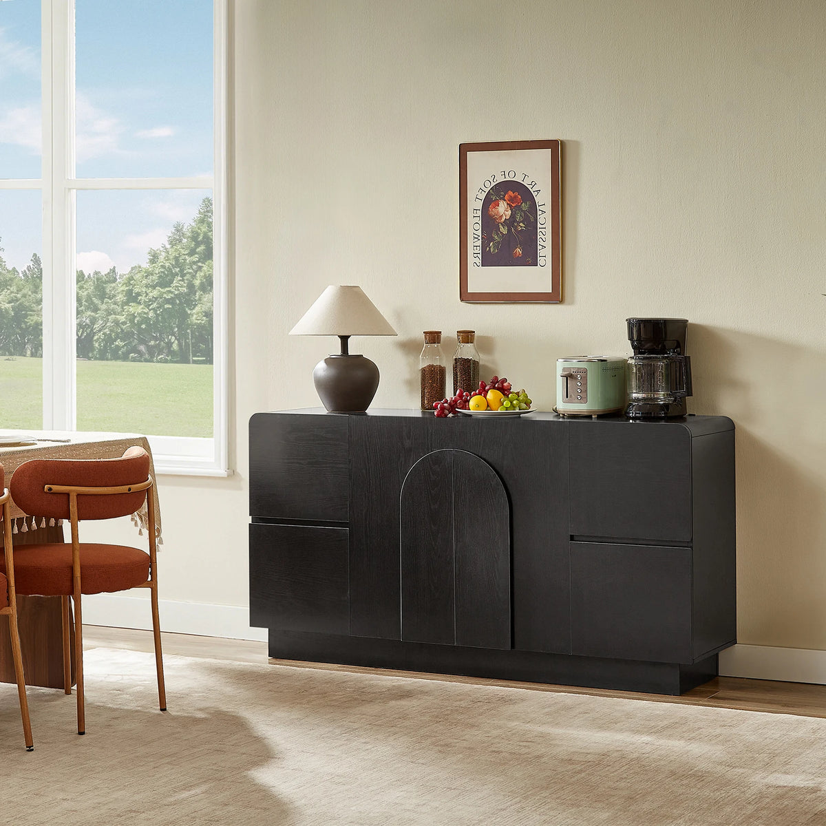 Black 60 Inch Sideboard with 4 Drawers, Curved Design Buffet Cabinet with Arched Doors & Adjustable Shelves, Mid Century Modern Accent Cabinet for Living Room, Dining Room, Entryway, Black