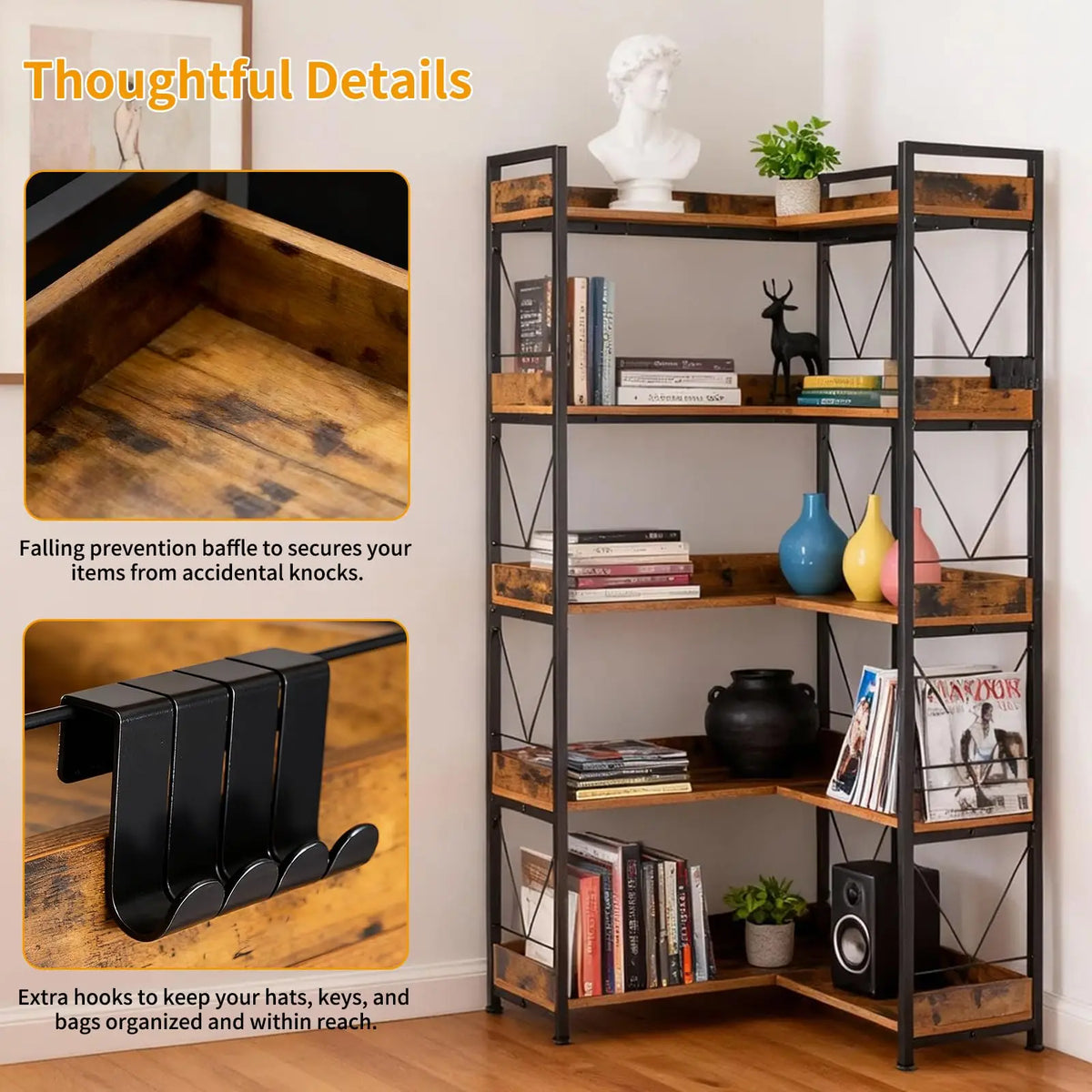 JHK L Shaped Five Tier Corner Bookshelf With Metal Frame
