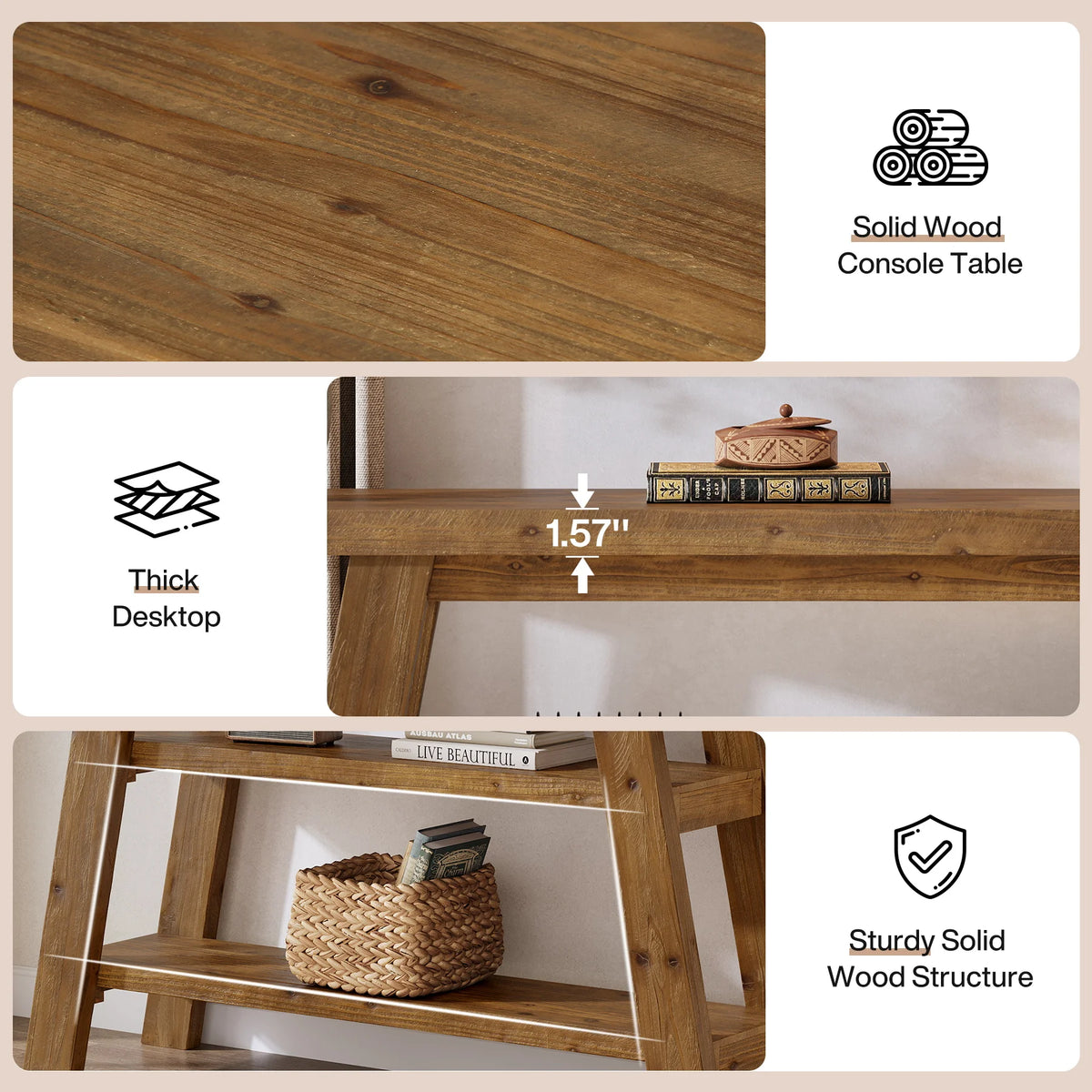 Tribesigns Rustic Wood Console Table With Three Tier Storage Shelves