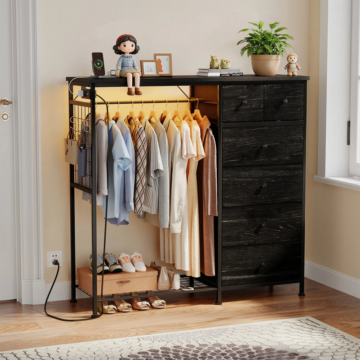 JHK Fabric Dresser With Hanging Rack And Charging Station