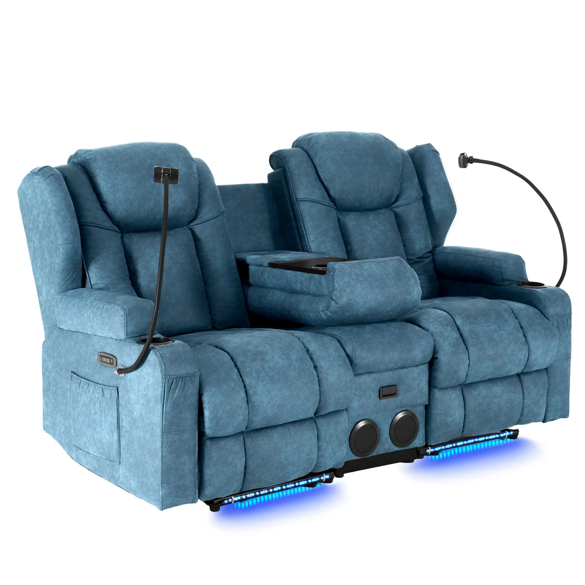 Redlife Loveseat Recliner Sofa with Console, Manual Pull Reclining Couch, Heating & Massage, USB & Power Outlet, Phone Holders, Bluetooth Speakers, Storage Drawer